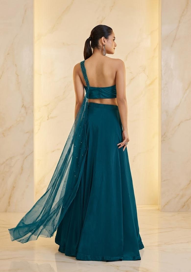 Teal Blue Embroidered Handwork Lehenga Set - Indya