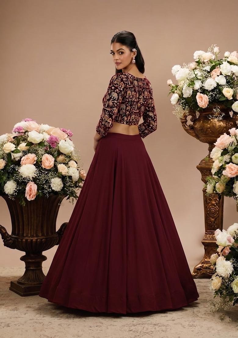 Maroon Embroidered Tissue Lehenga Set - Indya
