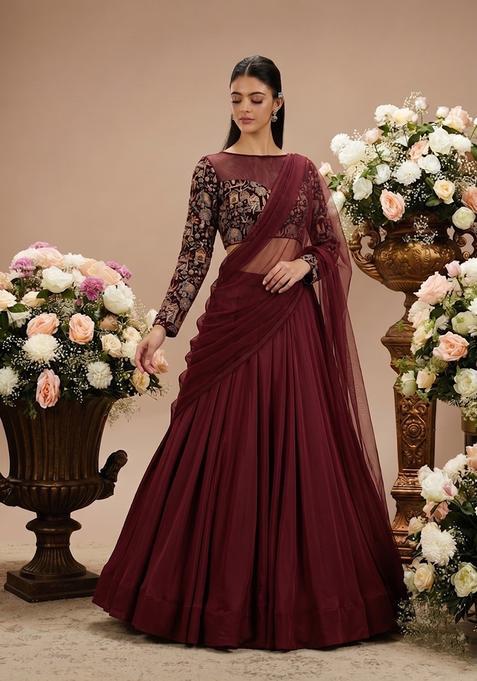 Maroon Embroidered Tissue Lehenga Set