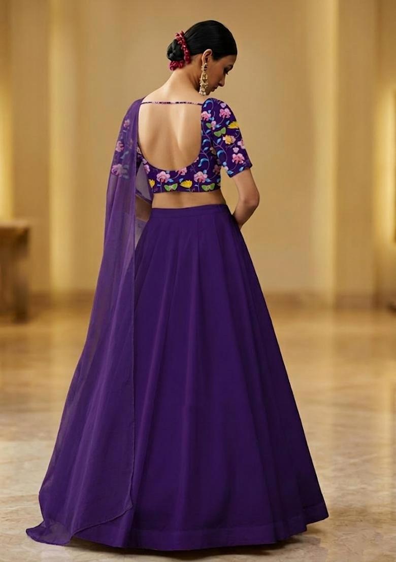 Violet Printed Chinon Lehenga Set - Indya