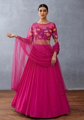 Hot Pink Printed Chinon Lehenga Set