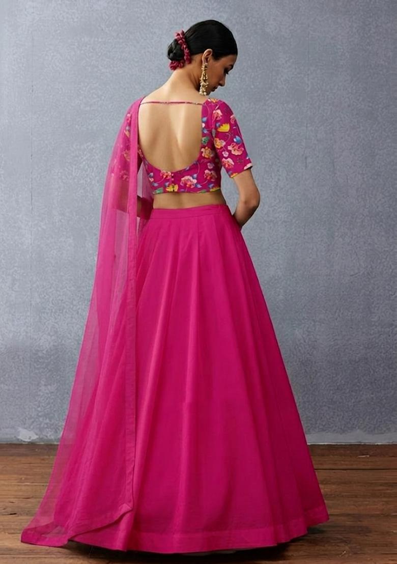 Hot Pink Printed Chinon Lehenga Set - Indya