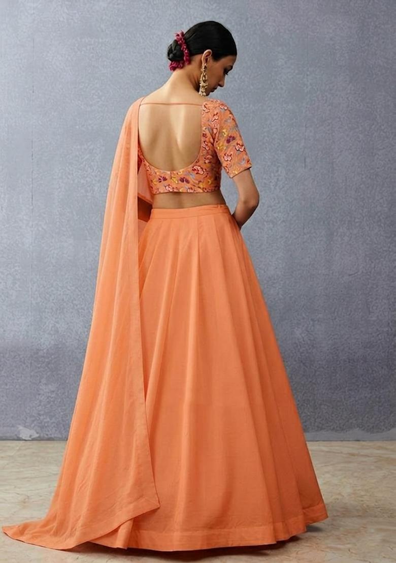 Peach Printed Chinon Lehenga Set - Indya
