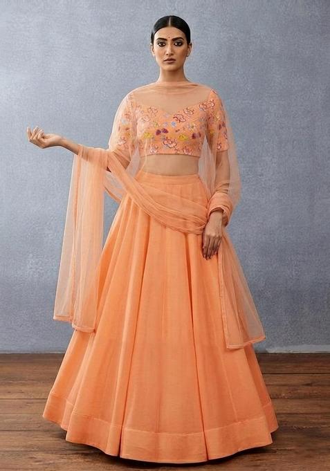 Peach Printed Chinon Lehenga Set