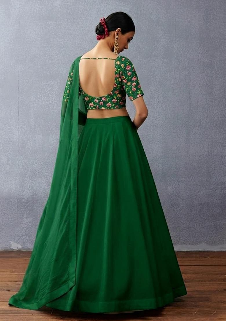 Bottle Green Printed Chinon Lehenga Set - Indya