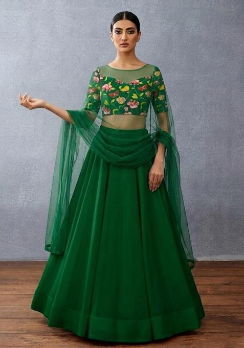 Bottle Green Printed Chinon Lehenga Set