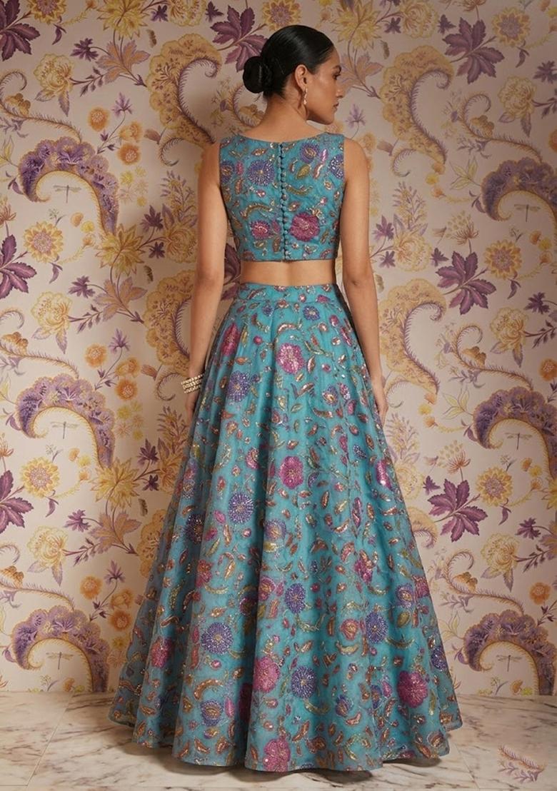 Blue Printed Lehenga Set - Indya