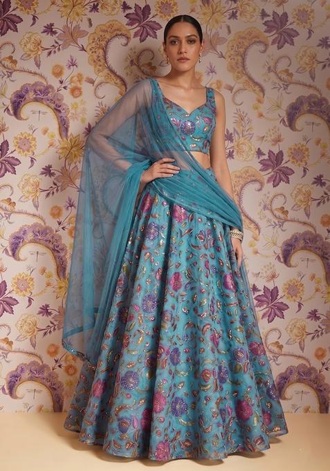 Blue Printed Lehenga Set