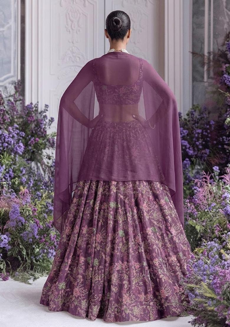 Dusty Mauve Printed Crepe Lehenga Set - Indya