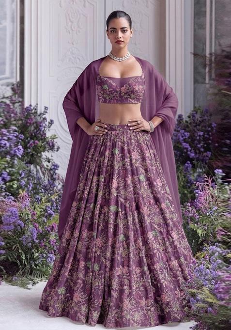 Dusty Mauve Printed Crepe Lehenga Set