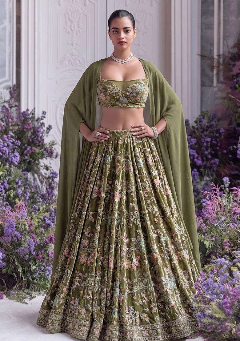 Olive Green Printed Crepe Lehenga Set - Indya