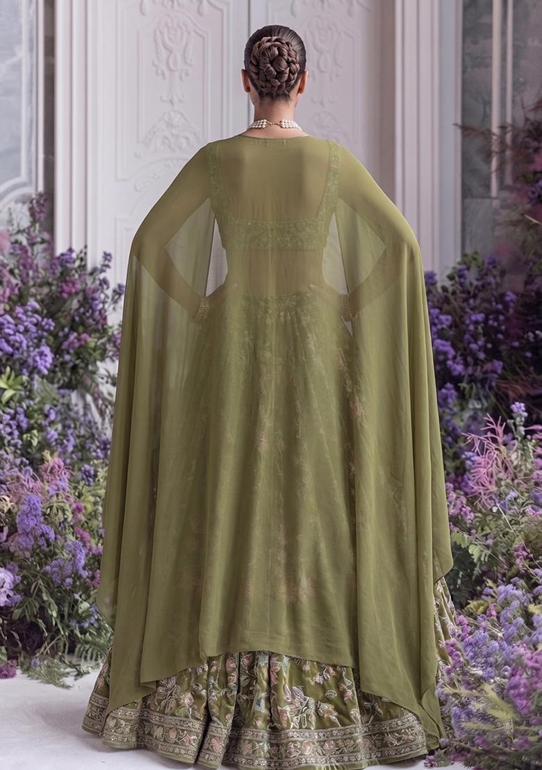 Olive Green Printed Crepe Lehenga Set - Indya