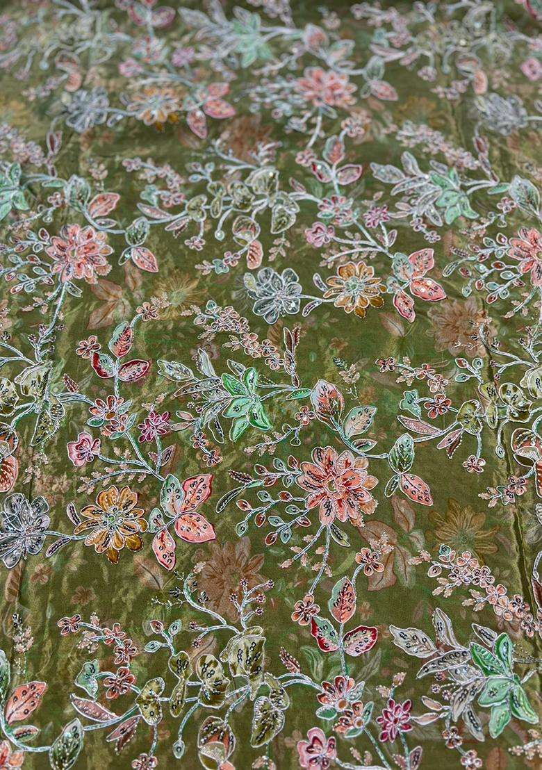 Olive Green Printed Crepe Lehenga Set - Indya