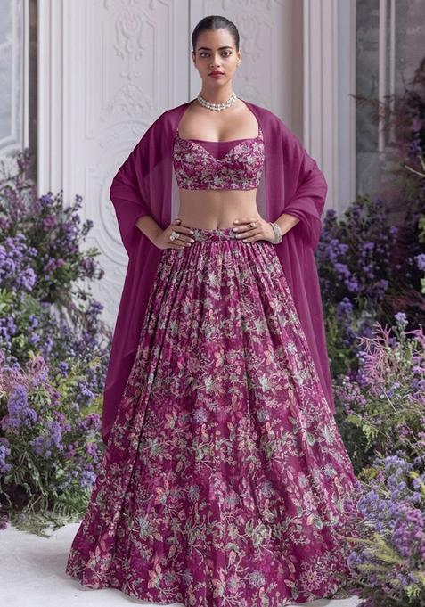 Rani Pink Printed Crepe Lehenga Set