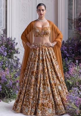 Rust Printed Crepe Lehenga Set