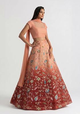 Ombre Peach Sequin Silk Lehenga Set