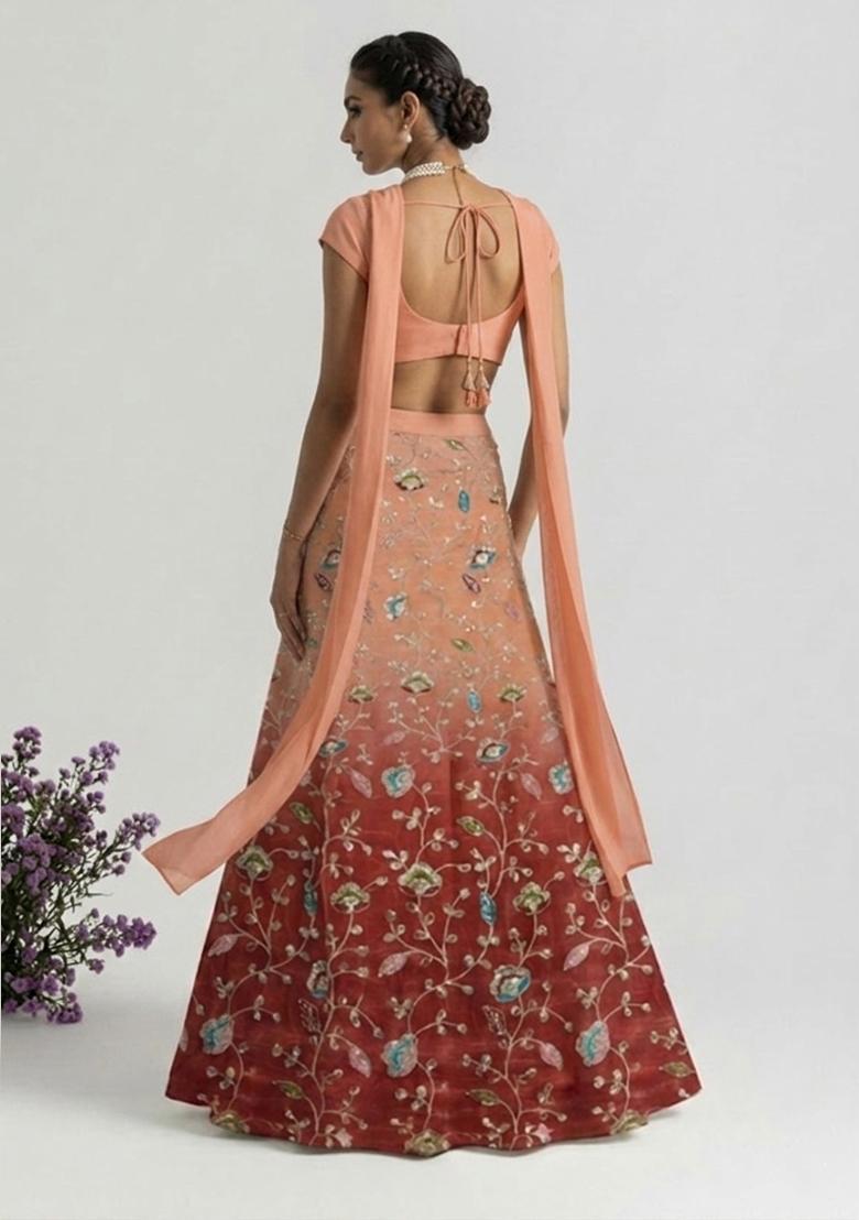 Ombre Peach Sequin Silk Lehenga Set - Indya