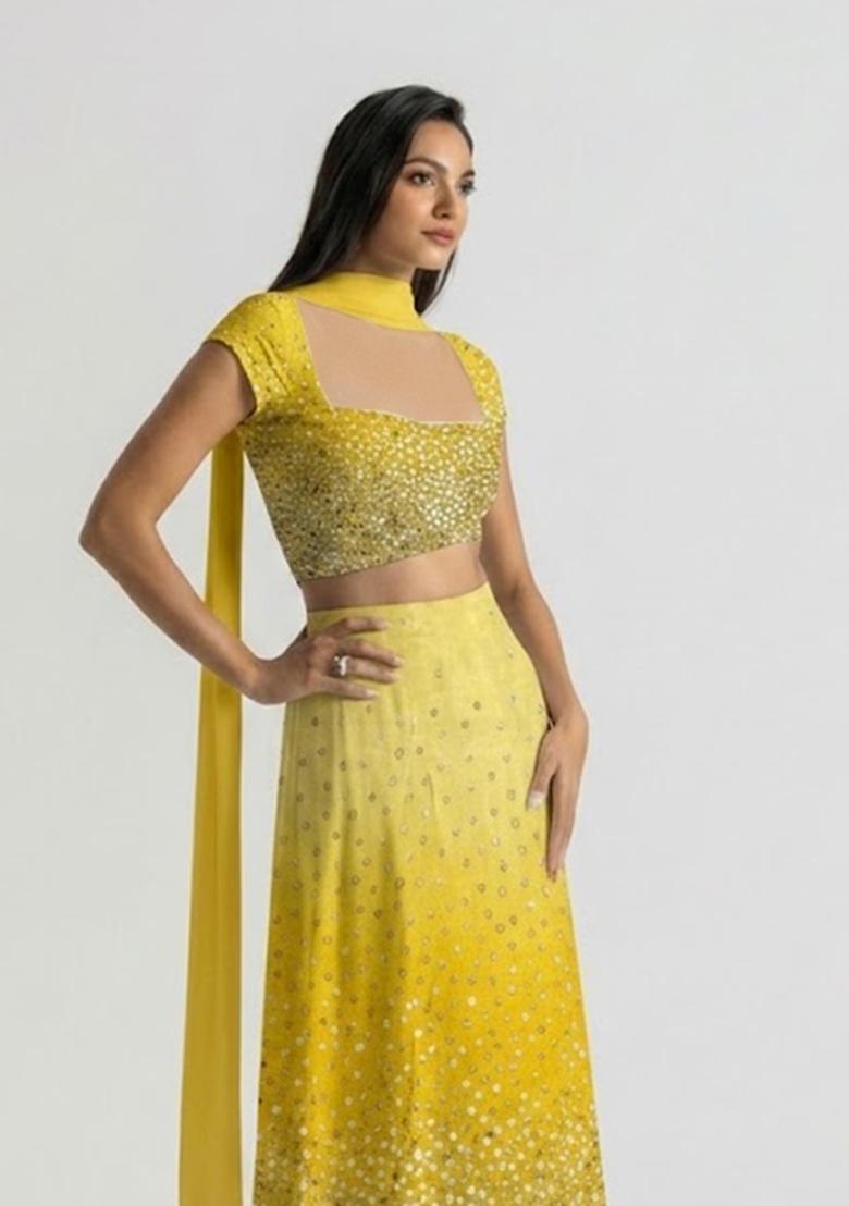 Yellow Sequin Tissue Lehenga Set - Indya