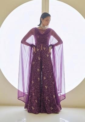 Magenta Purple Embroidered Net Sharara Set