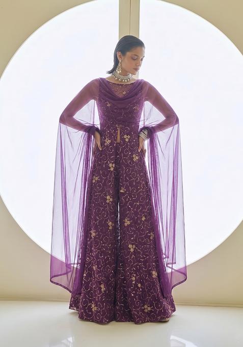 Magenta Purple Embroidered Net Sharara Set
