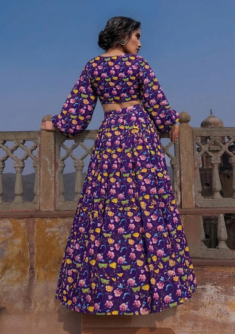 Violet Printed Chinon Lehenga Set - Indya