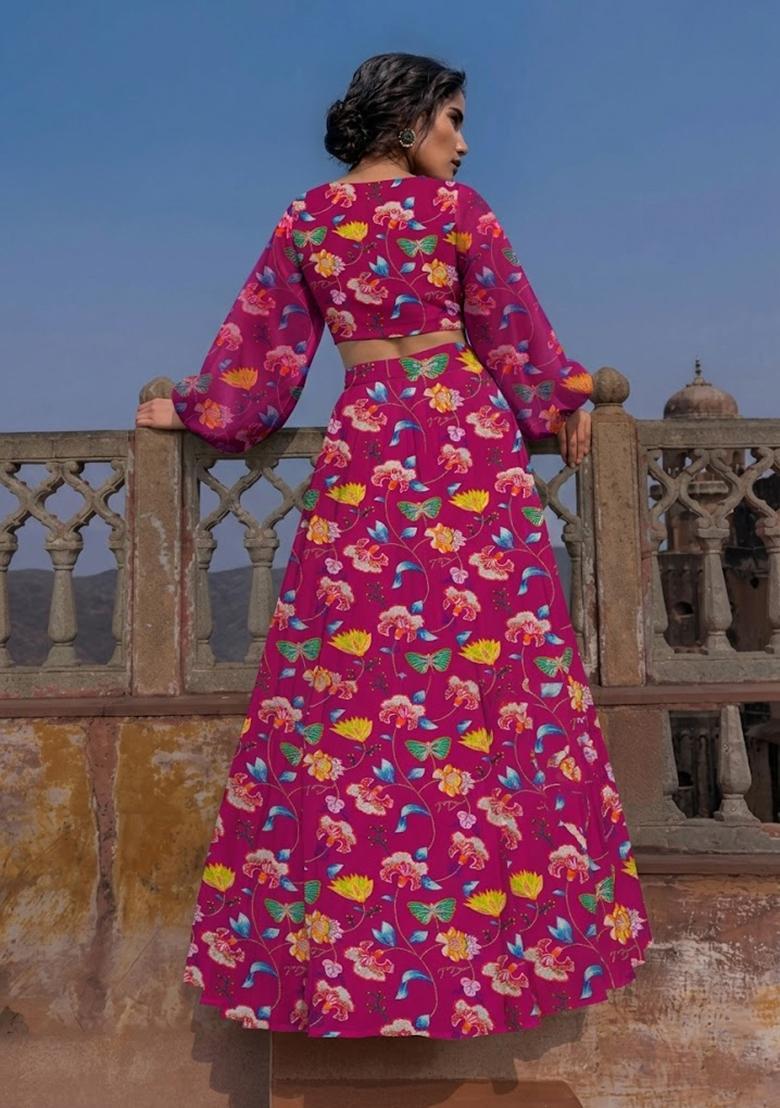 Hot Pink Printed Chinon Lehenga Set - Indya