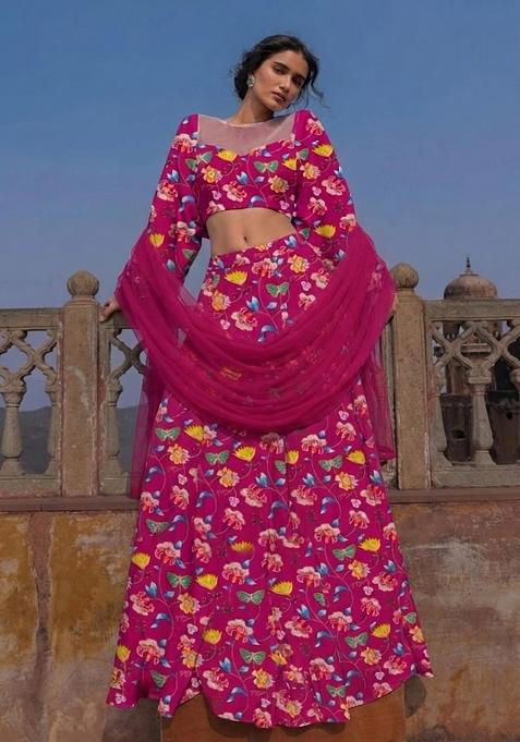 Hot Pink Printed Chinon Lehenga Set