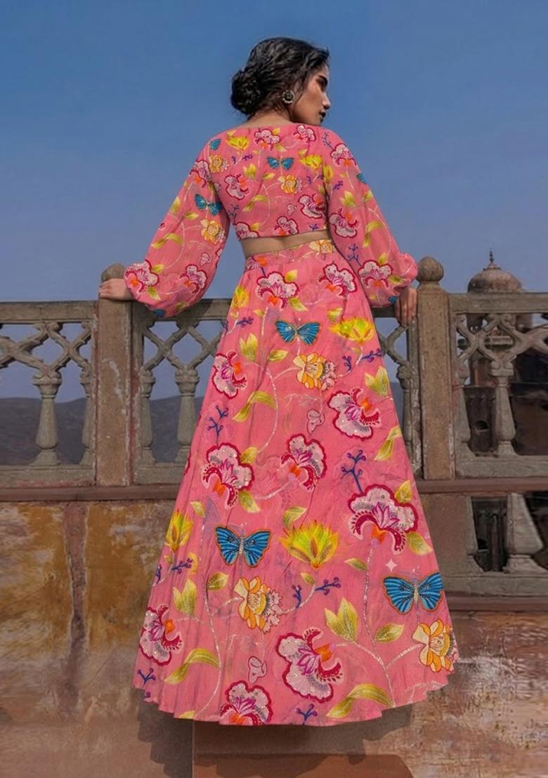 Pink Printed Chinon Lehenga Set - Indya