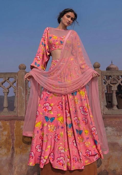 Pink Printed Chinon Lehenga Set