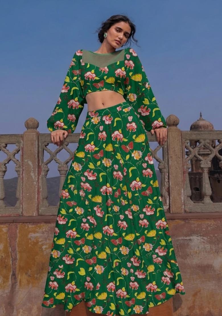 Bottle Green Printed Chinon Lehenga Set - Indya