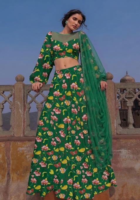 Bottle Green Printed Chinon Lehenga Set
