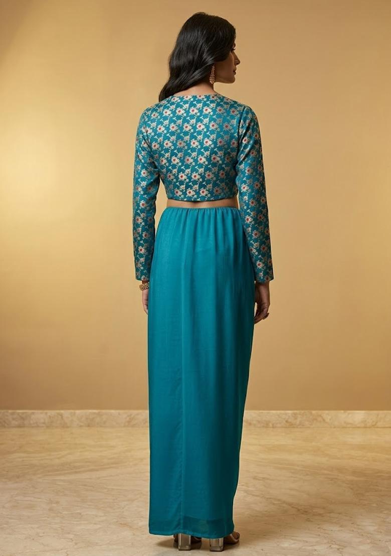 Teal Blue Silk Fusion Set - Indya