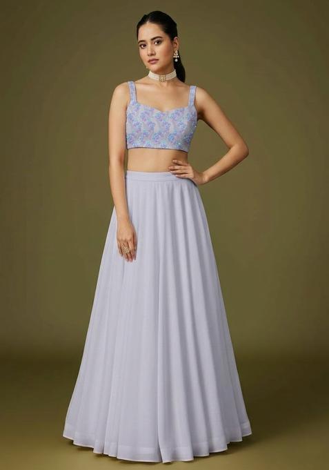 Pastel Blue Embroidered Net Lehenga Set
