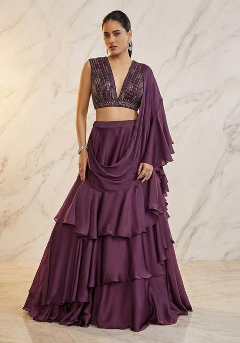 Plum Purple Embroidered Handwork Lehenga Set