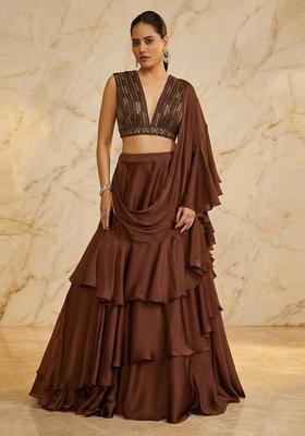 Chocolate Brown Embroidered Handwork Lehenga Set