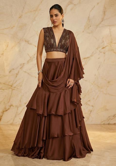 Chocolate Brown Embroidered Handwork Lehenga Set