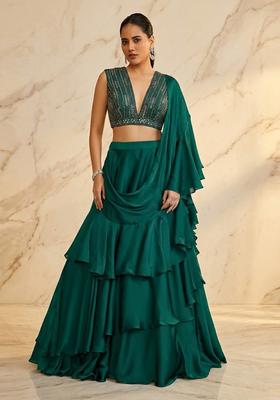 Emerald Green Embroidered Handwork Lehenga Set