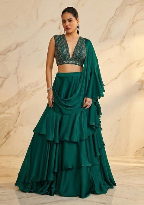 Emerald Green Embroidered Handwork Lehenga Set