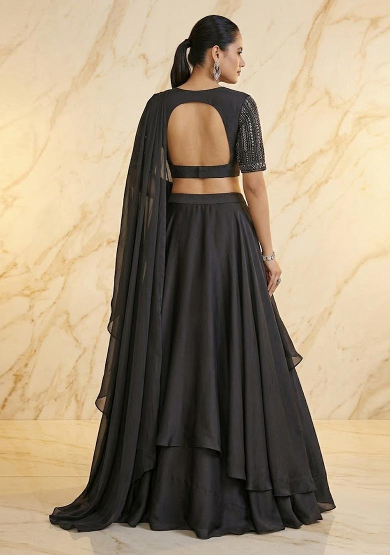 Charcoal Black Embroidered Handwork Lehenga Set - Indya