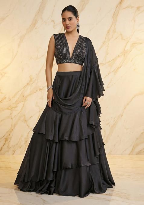 Charcoal Black Embroidered Handwork Lehenga Set