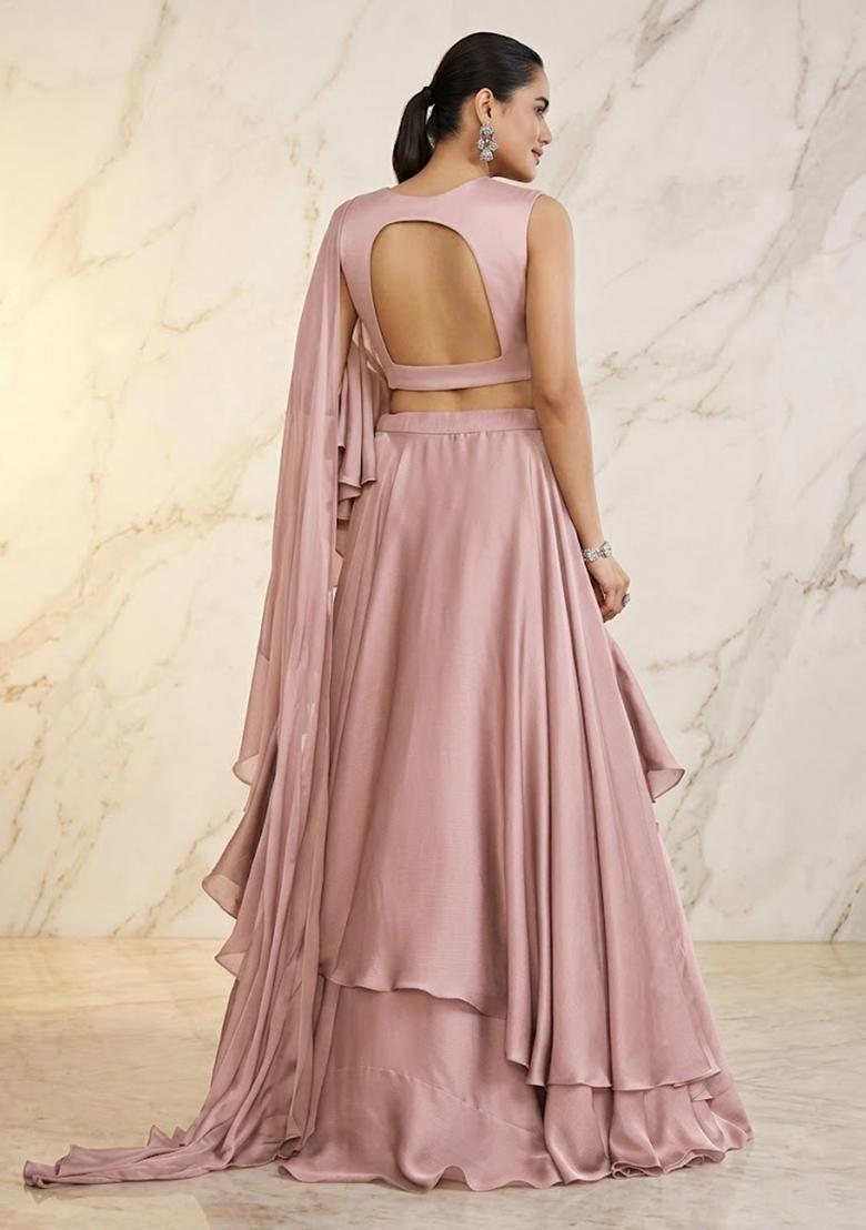 Dusty Pink Embroidered Handwork Lehenga Set - Indya