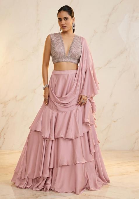 Dusty Pink Embroidered Handwork Lehenga Set