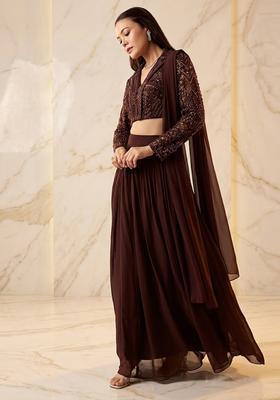 Dark Brown Embroidered Handwork Lehenga Set