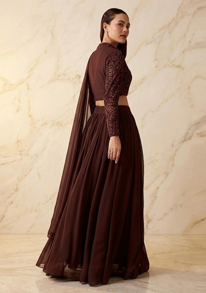 Dark Brown Embroidered Handwork Lehenga Set - Indya