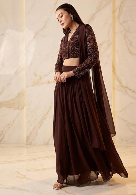 Dark Brown Embroidered Handwork Lehenga Set