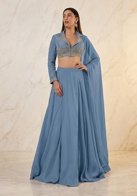 Dusty Blue Embroidered Handwork Lehenga Set