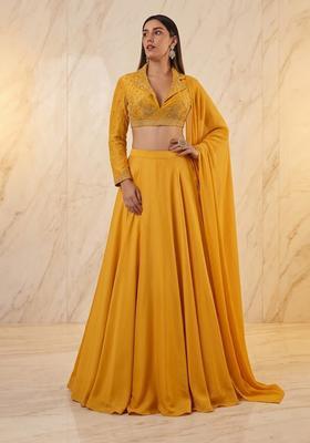 Mustard Yellow Embroidered Handwork Lehenga Set
