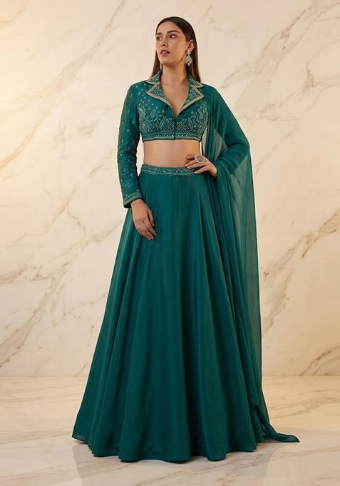 Teal Green Embroidered Handwork Lehenga Set