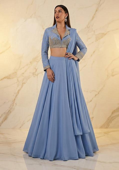 Powder Blue Embroidered Handwork Lehenga Set