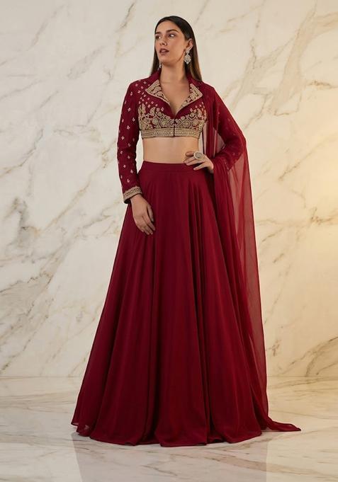 Deep Red Embroidered Handwork Lehenga Set